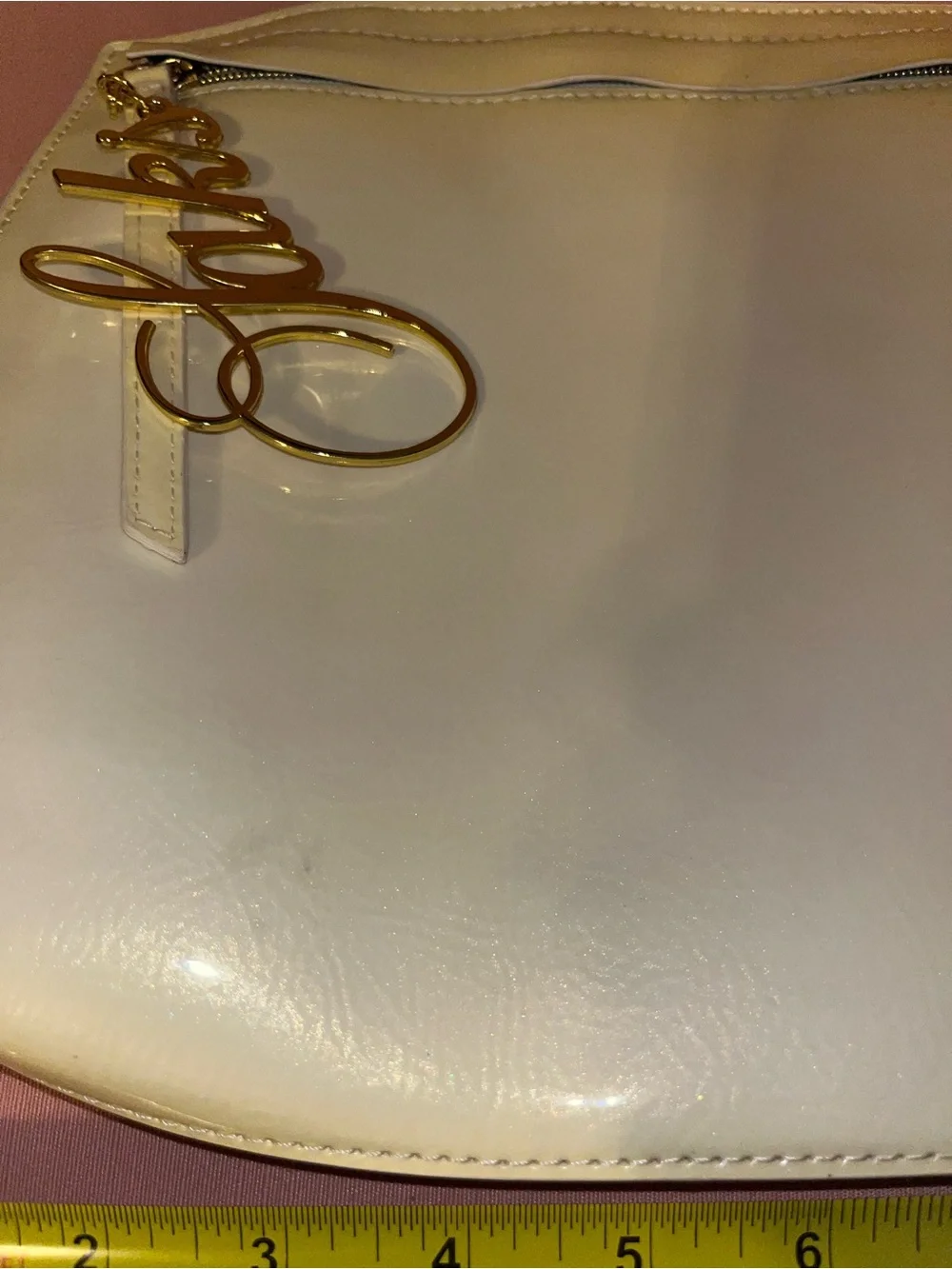 Chic White Zip Clutch/makeup bag with Saks Gold Script Charm
